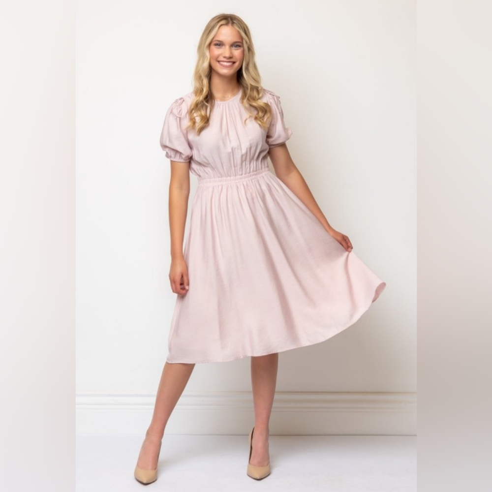 NWT - "Margaux USA" Bow Detailed Short Puff Sleeves A-line Pink Midi Dress - XL